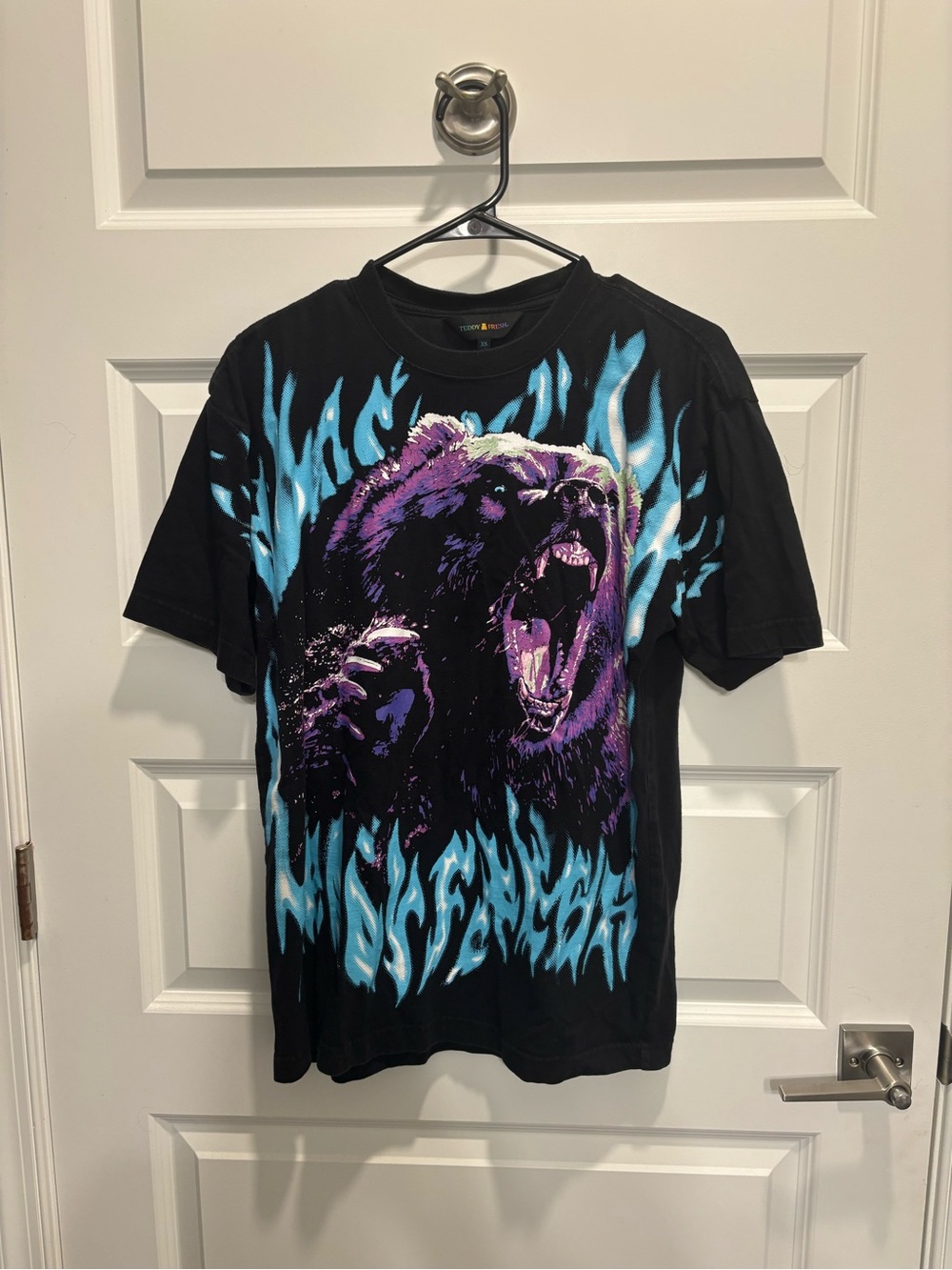 Teddy Fresh Black Tee with Purple Bear and Blue Flames